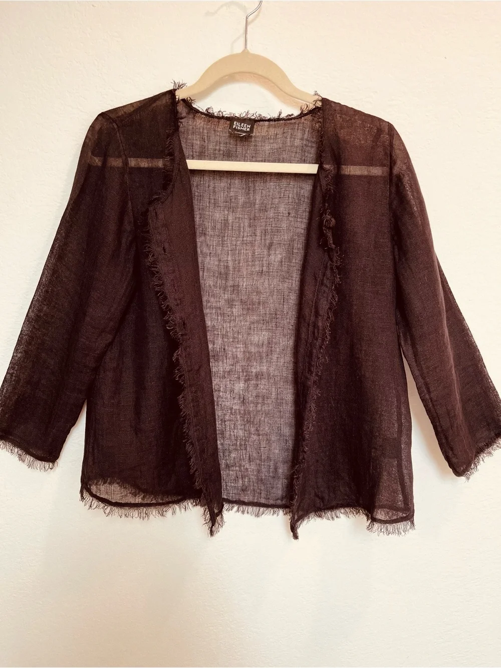 Eileen Fisher Sheer Linen Button -Front Black/Brown Blouse. - Picture 3 of 14